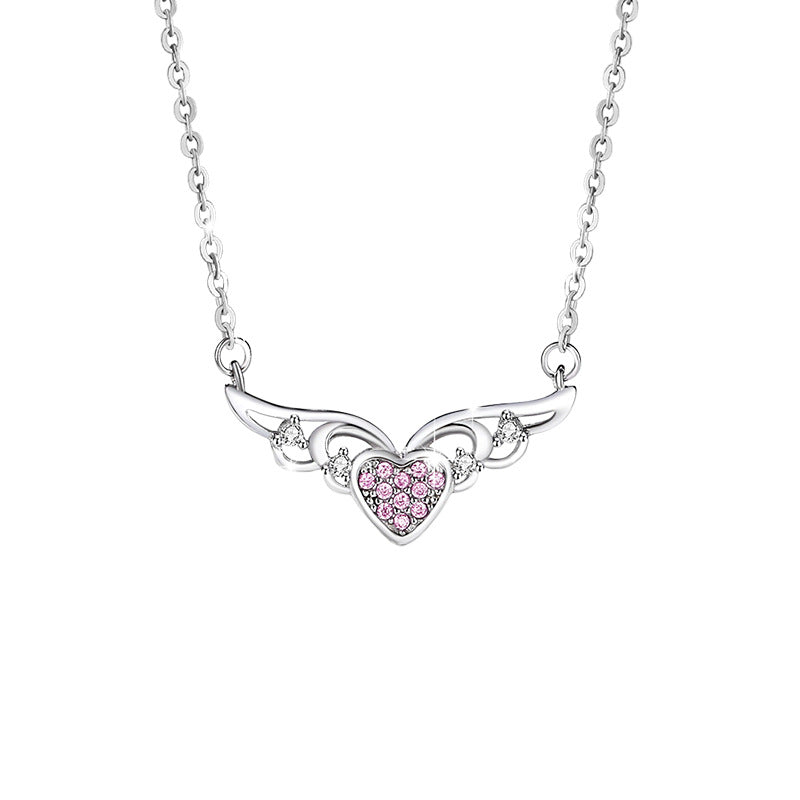 Angel Wings Sterling Silver 925 Necklace Female Niche Design Light Luxury Pink Diamond Clavicle Chain Thing Ins Love Pendant