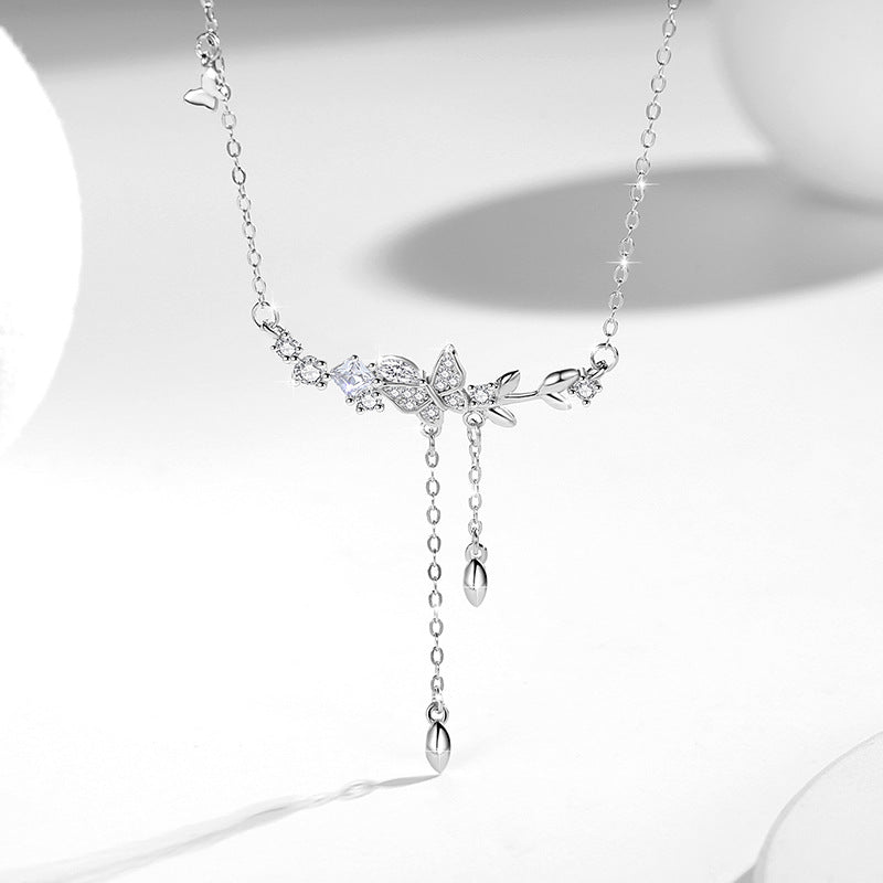 Butterfly Sterling Silver 925 Necklace Female Personality Fashion Versatile Zircon Clavicle Chain Ins Delogistics Su Flower Pendant