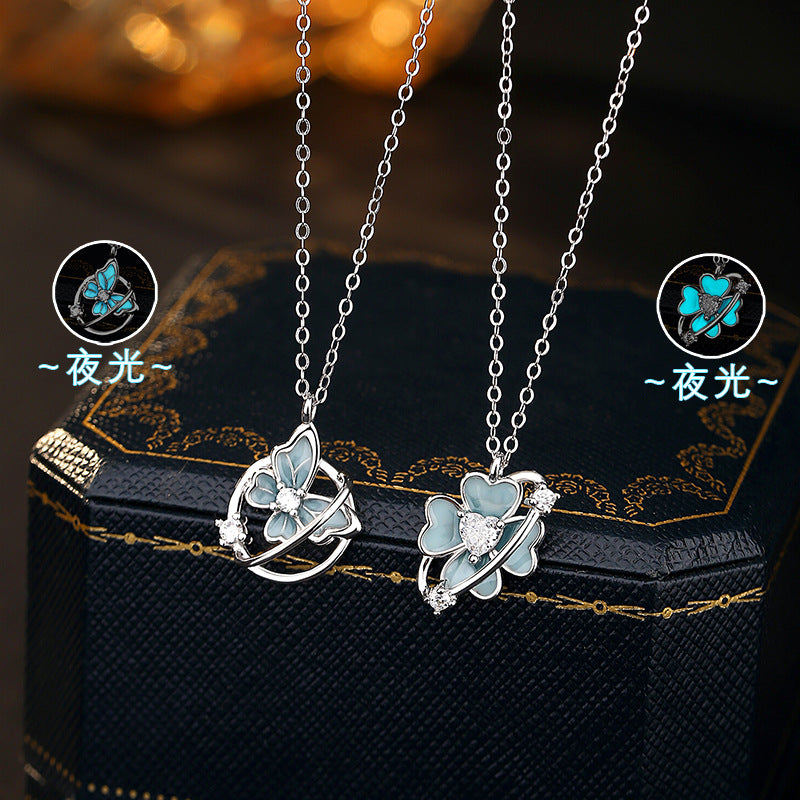 Niche Design Girl Style Silver S925 Sterling Silver Clover Necklace Female Mint Green Luminous Butterfly Clavicle Chain