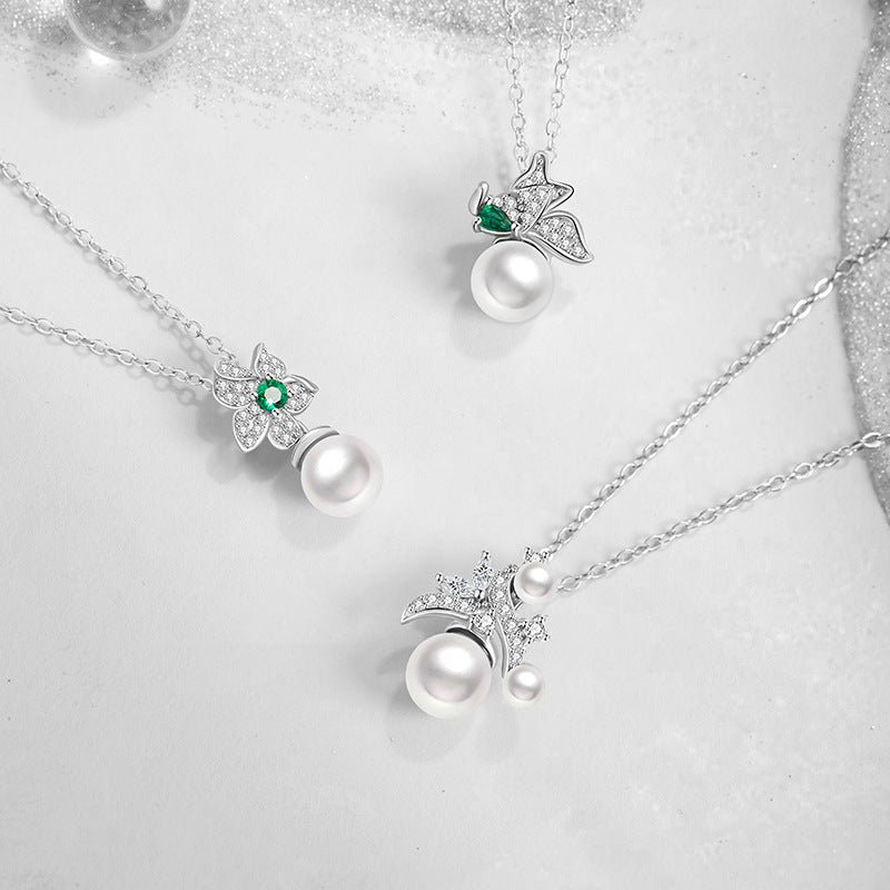 Flowers like Brocade Sterling Silver 925 Necklace Light Luxury High-Grade Shijia Pearl Clavicle Chain Ins Style Flower Zircon Pendant