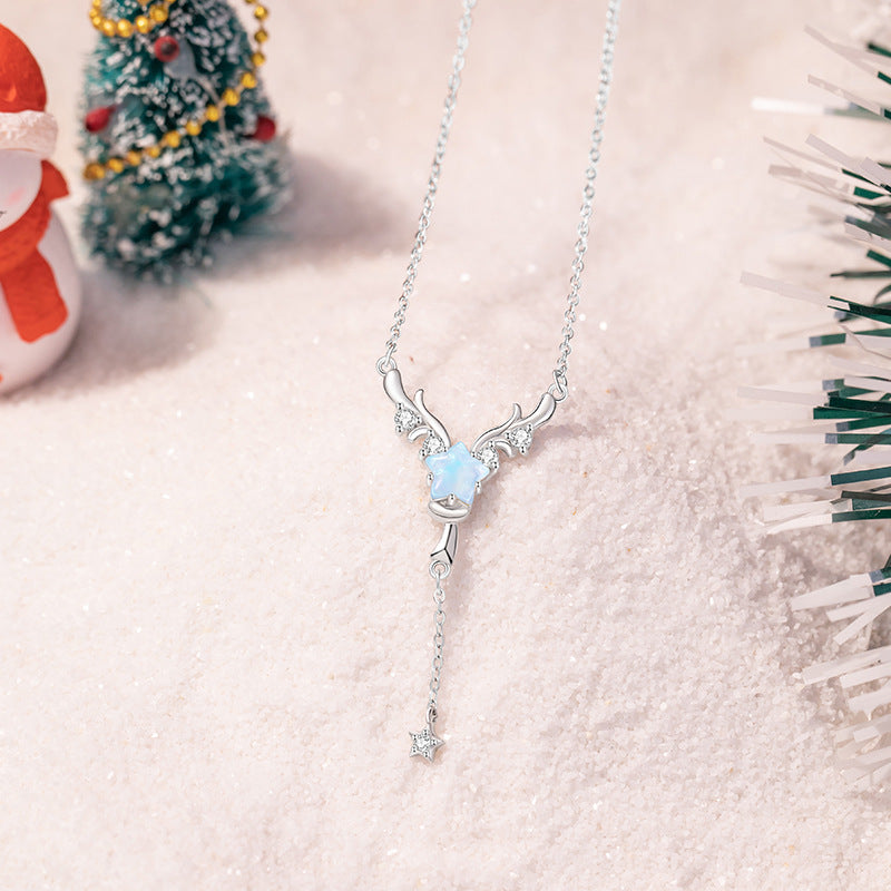 Antler Sterling Silver 925 Necklace Women's Fashion Versatile Tassel Star Clavicle Chain Christmas Ins Style Elk Pendant