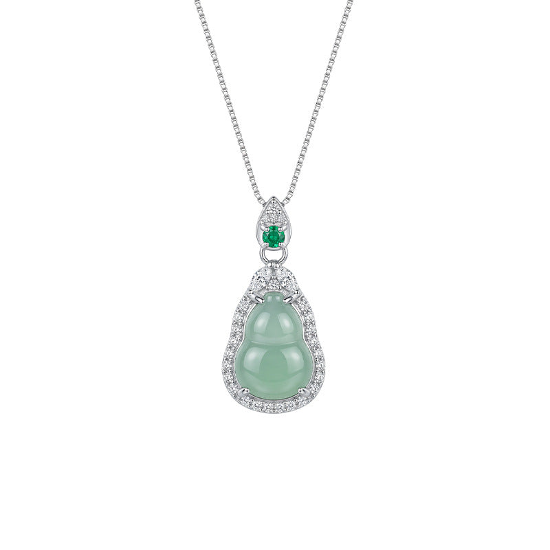 S925 Sterling Silver Necklace for Women, Ice-Proof Material Blue Water Jade Gourd Pendant, New Chinese Style Fu Lu Clavicle Chain Wholesale