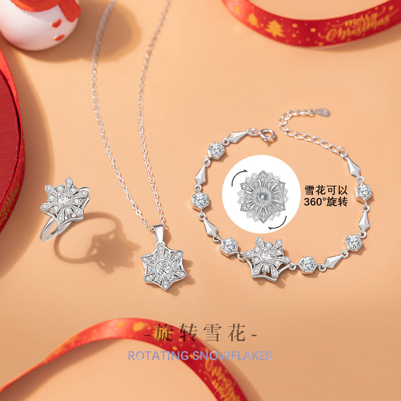 Snowflake Rotating Sterling Silver 925 Ring Female Niche Design Light Luxury Christmas Zircon Ring Ins Star Pair Ring