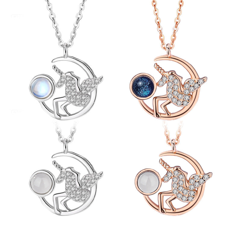 Factory Direct Supply S925 Sterling Silver Necklace Unicorn Pendant Natural White Agate Girl Heart Jewelry Gift for Girlfriend