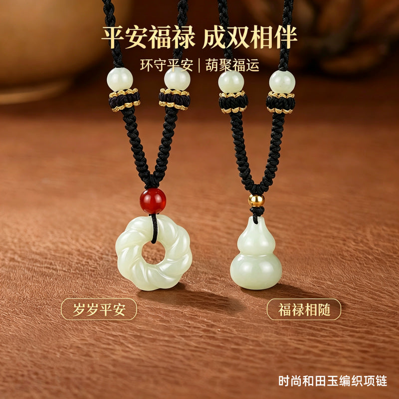 Hetian Jade Mobius Safety Buckle Gourd Braided Rope Necklace S925 Silver New Chinese Jade Pendant Unisex