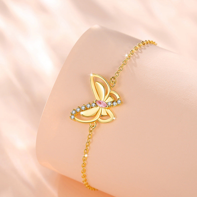 Butterfly Sterling Silver 925 Bracelet for Women Niche Design Light Luxury Pink Diamond Bracelet Ins Style Girlfriends Wings Bracelet