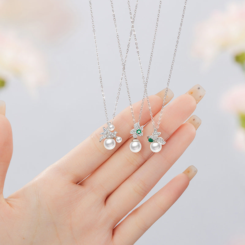 Flowers like Brocade Sterling Silver 925 Necklace Light Luxury High-Grade Shijia Pearl Clavicle Chain Ins Style Flower Zircon Pendant