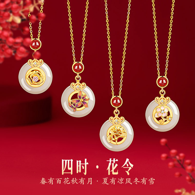 Four Seasons Flower God Sterling Silver 925 Hetian Jade Necklace Female New Chinese Rose Clavicle Chain Red Agate Plum Pendant