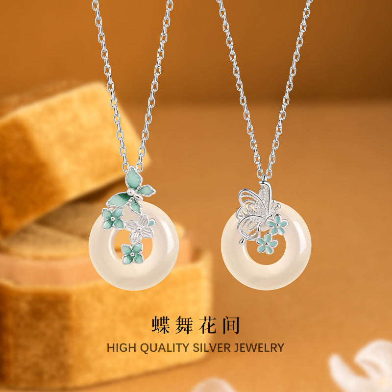 Collana in argento sterling 925 – farfalla e disco e calcedonio