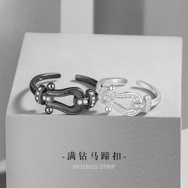Horseshoe Buckle Sterling Silver 925 Couple Ring Fashion Versatile Zircon Navigation Buckle Ring Ins Style Double Ring Pair Ring