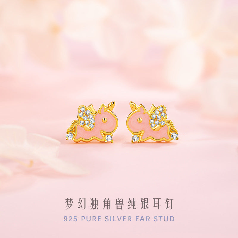 Fantasy Unicorn Sterling Silver 925 Stud Earrings Women's Light Luxury High-Grade Star Zircon Earrings Ins Style Valentine's Day Earrings