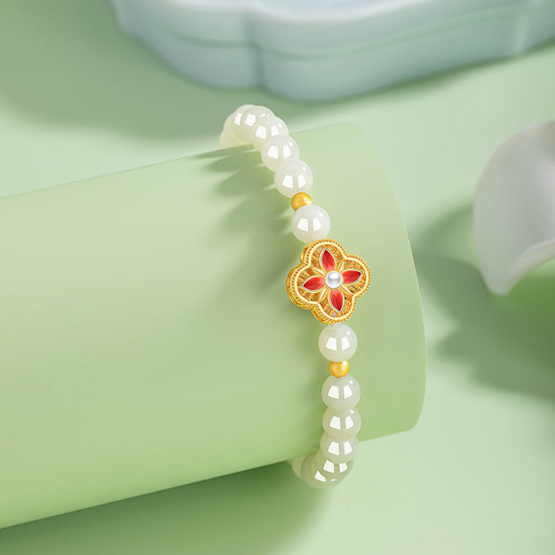 Lucky Clover Sterling Silver 925 Bracelet Female New Chinese National Fashion Natural Hetian Jade Flower Bracelet Pearl Bracelet