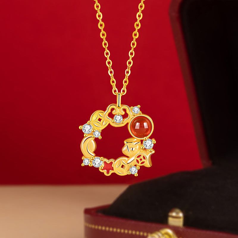 Immediately Rich Flower Sterling Silver 925 Necklace Female New Chinese Red Agate Lucky Clavicle Chain Zodiac Pendant