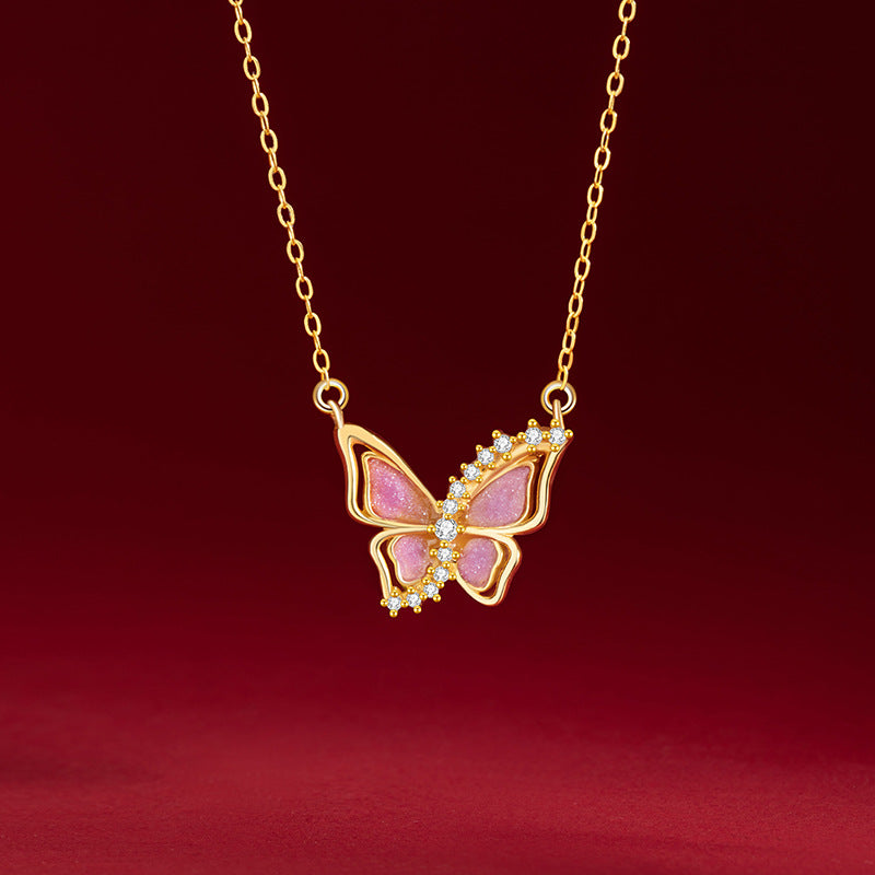 Butterfly Sterling Silver 925 Luminous Necklace Female Niche Design Light Luxury Pink Epoxy Clavicle Chain Ins Zircon Pendant
