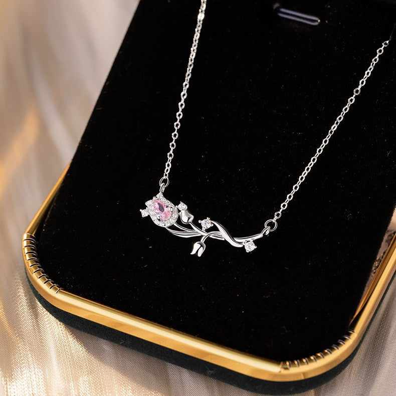 Tulip Sterling Silver 925 Necklace Women's Light Luxury High-Grade Zircon Clavicle Chain Ins Little Red Book Same Style Flower Pendant