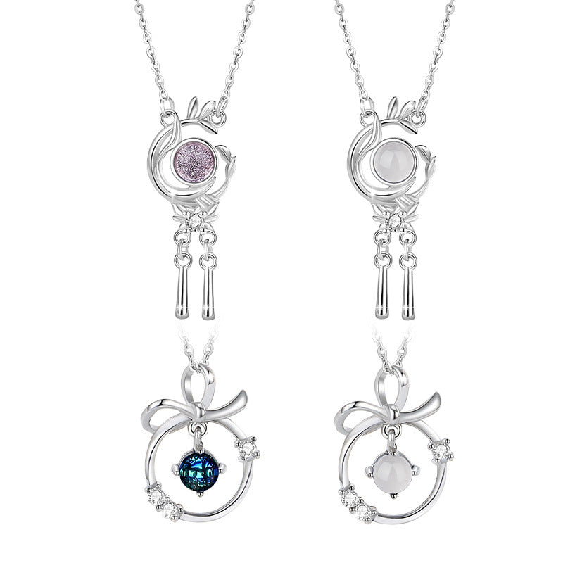 S925 Sterling Silver Natural White Agate Necklace Women's New Chinese Tassel Leaf Clavicle Chain MORI National Style Pendant Silver Jewelry