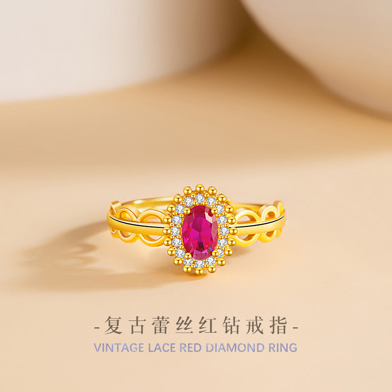 Sunflower Sterling Silver S925 Ring Female Light Luxury Niche Retro Style Ring Buckle Ring Ins Lace Red Diamond Bracelet