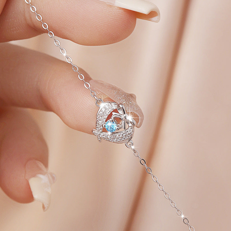 Lovely Sterling Silver 925 Bracelet Female Niche Design Light Luxury Blue Zircon Bracelet for Girls Ins Bow Bracelet