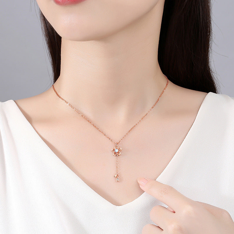 Cherry Blossom Sterling Silver 925 Necklace Women's Fashion Versatile Ins Style Glazed Stone Clavicle Chain Valentine's Day Flower Pendant