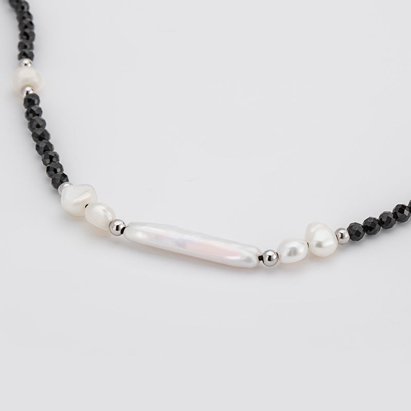 Natural Baroque Pearl Sterling Silver 925 Necklace Women's Light Luxury High-Grade Small Silver Bar Clavicle Chain Ins Style Crystal Pendant