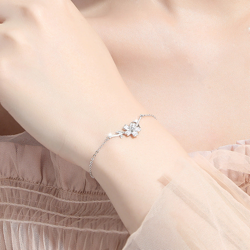 Cherry Blossom Sterling Silver 925 Bracelet Female Niche Design Light Luxury Love Flower Bracelet for Girls Ins Style Peach Blossom Bracelet