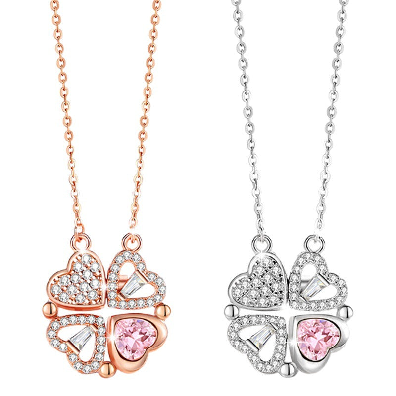 Lovely Magnetic Sterling Silver 925 Necklace Light Luxury Pink Zircon Clavicle Chain One Two-Piece Lucky Clover Pendant