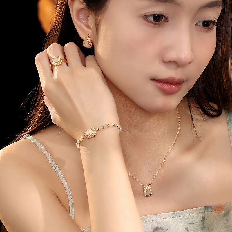 New Chinese Hetian Jade White Chalcedony Fu Lu Gourd Set S925 Sterling Silver Necklace Bracelet Ring Earrings Four-Piece Set
