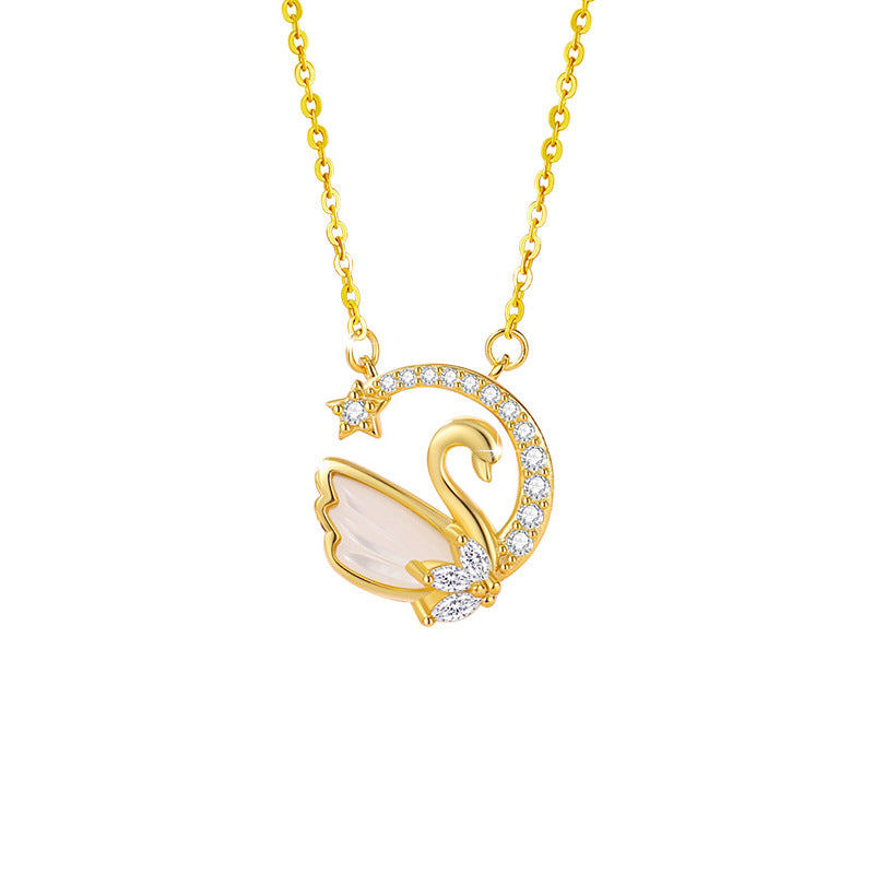Swan Sterling Silver 925 Necklace Female Niche Design Light Luxury Star Zircon Clavicle Chain White Fritillary Moon Pendant