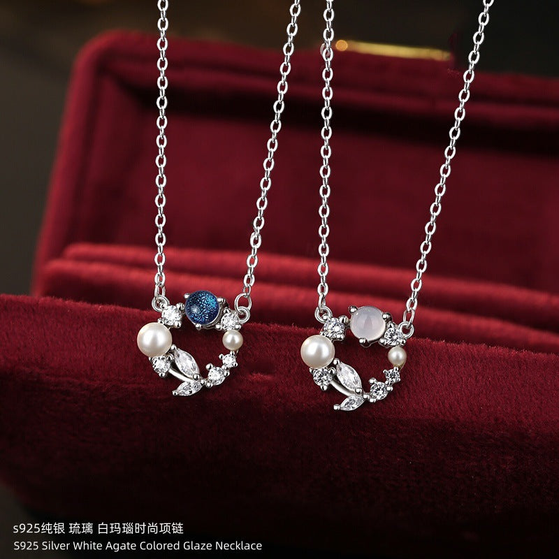 S925 Sterling Silver Necklace White Agate Starry Sky Stone Garland Niche Girl Style Clavicle Chain Jewelry Live Supply