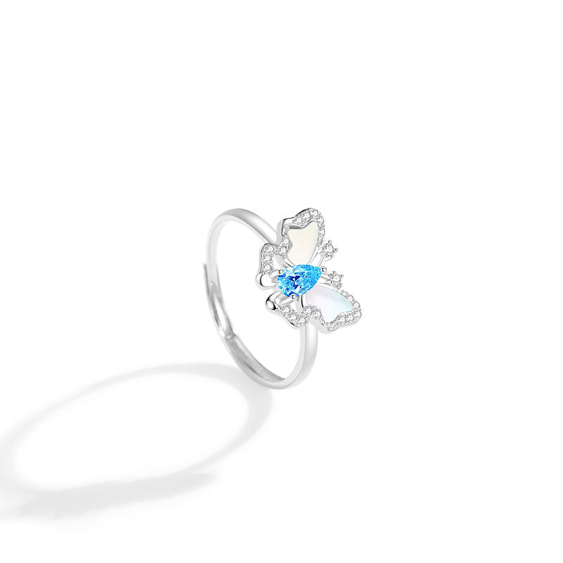 Original Butterfly Sterling Silver 925 Ring Women's Fashion All-Match Sea Blue Zircon Ring Ins Style White Fritillary Ring