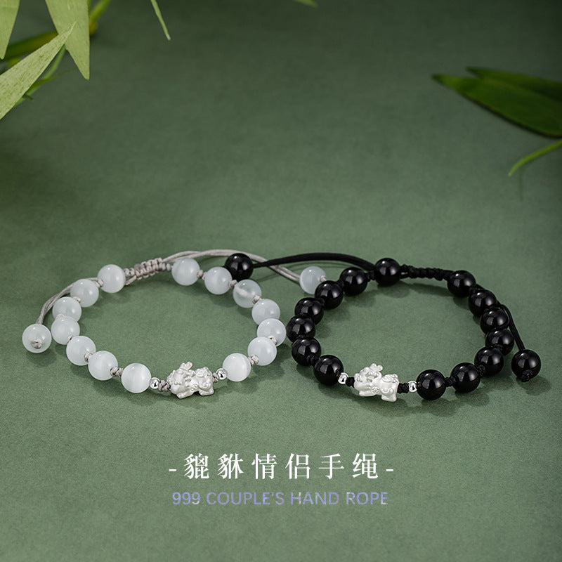 Pure Silver 999 Couple Bracelet Light Luxury High-Grade Opal Bracelet Valentine's Day Gift Black Agate Bracelet