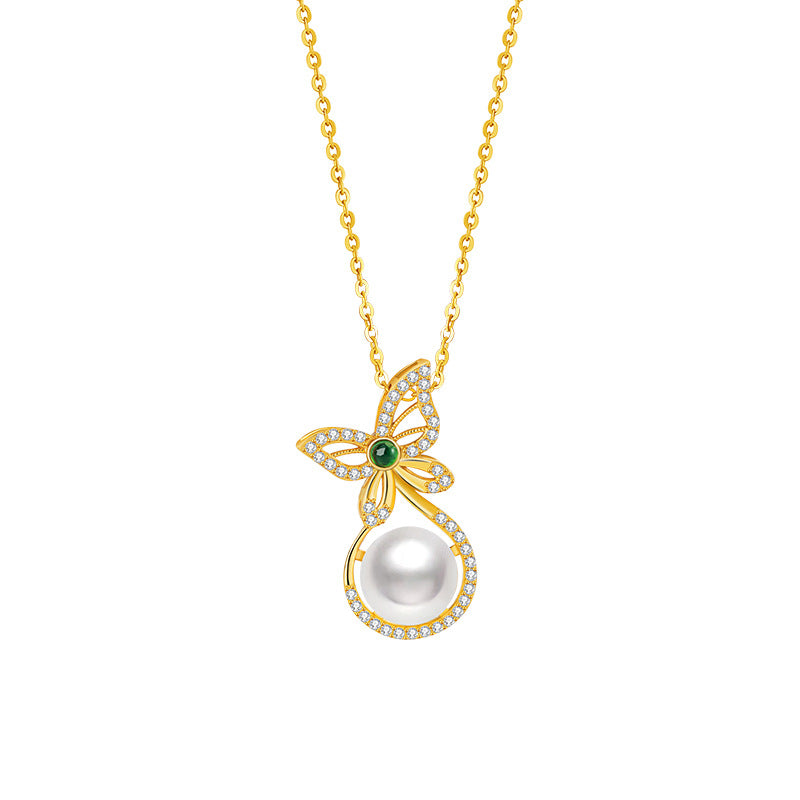 Butterfly Sterling Silver 925 Necklace Women's Light Luxury High-Grade Natural Freshwater Pearl Clavicle Chain Ins Style Chalcedony Pendant
