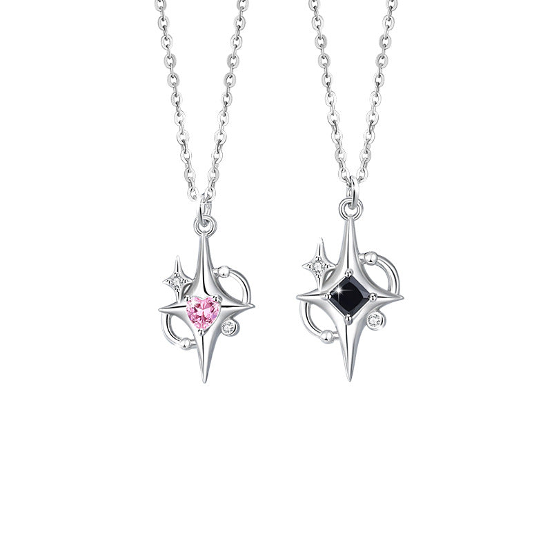 Star Sterling Silver 925 Couple Necklace Female Niche Design Light Luxury Pink Diamond Clavicle Chain Qixi Ins Love Pendant