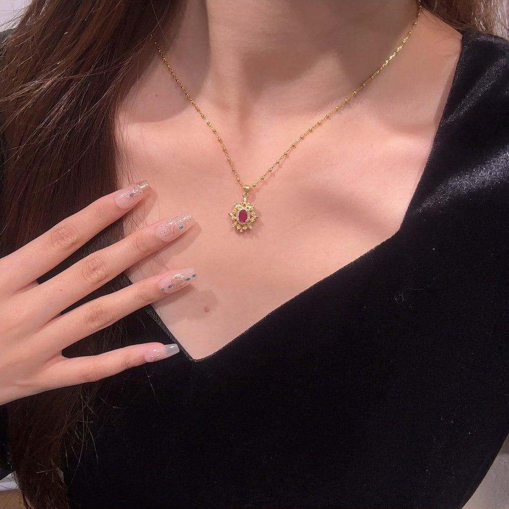 Vintage Buqi Style Pigeon Red Blood Zircon Sterling Silver 925 Necklace Light Luxury High-Grade Clavicle Chain Love Pendant at First Sight