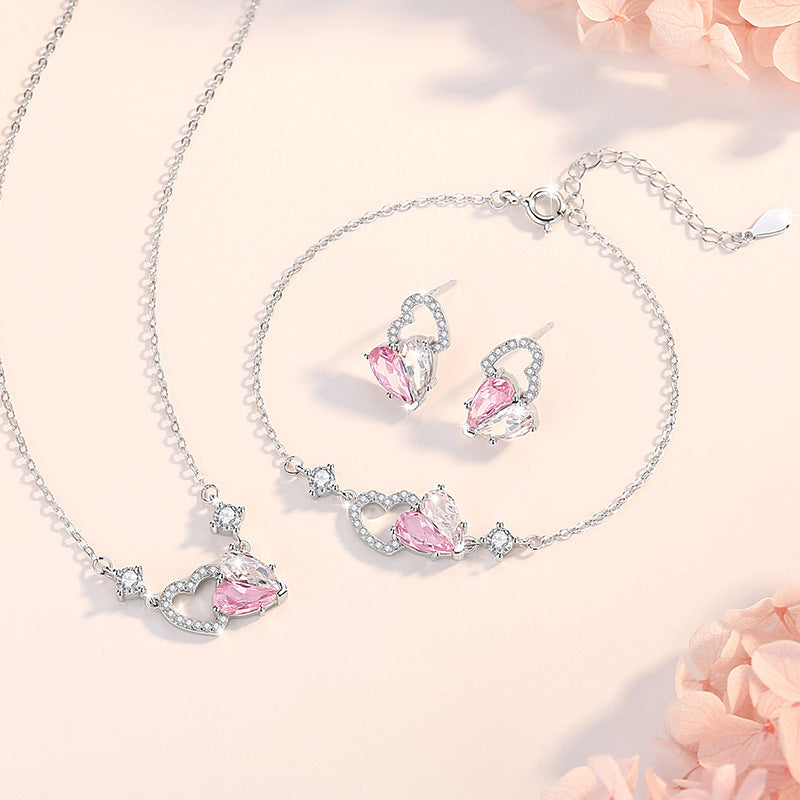 Heart-to-Heart Printed Sterling Silver 925 Necklace Female Niche Design Light Luxury Pink Diamond Clavicle Chain Ins Style Love Pendant