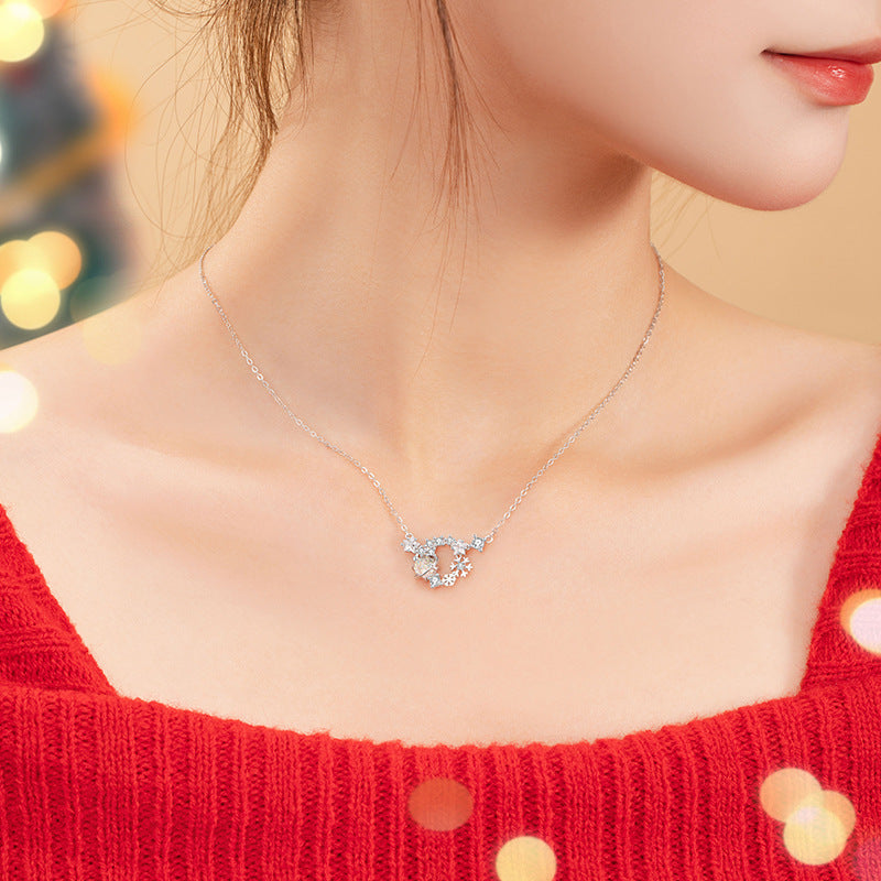 Snowflake Sterling Silver 925 Necklace Female Niche Design Light Luxury Glass Stone Star Clavicle Chain Ins Christmas Pendant