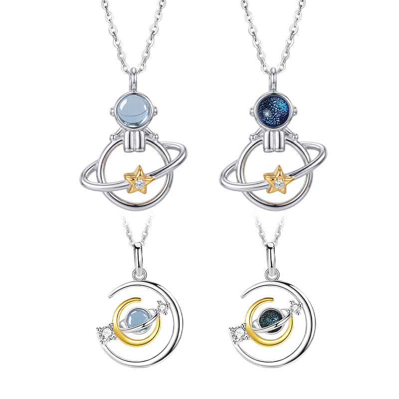 Niche S925 Sterling Silver Necklace Female Natural Topaz Astronaut Planet Clavicle Chain Couple Gift Light Luxury Silver Jewelry