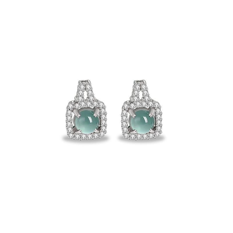 Square Sugar Sterling Silver 925 Stud Earrings Female Niche Design Light Luxury Natural Dangerous Material Blue Water Jade Earrings Ins Style Earrings