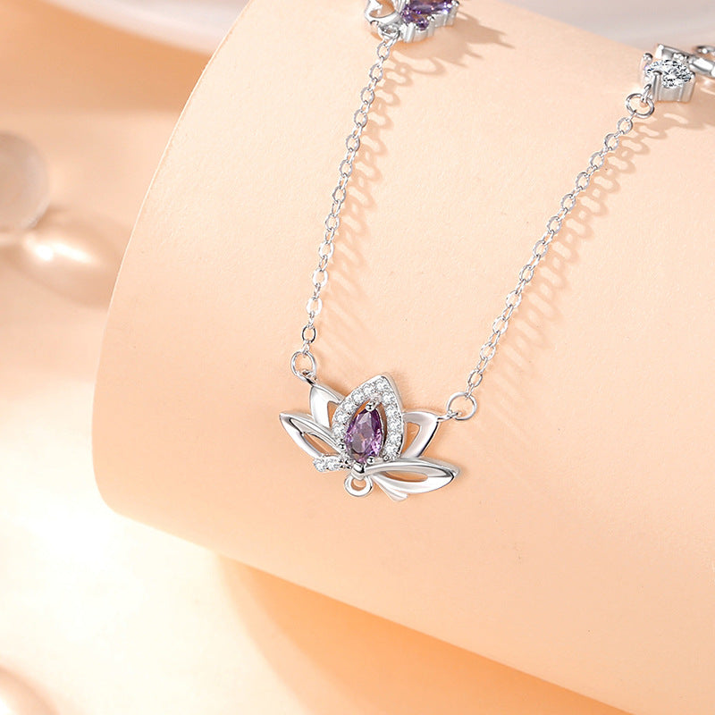 Lotus Sterling Silver 925 Necklace Women's Fashion Versatile Butterfly Zircon Clavicle Chain Ins Style Good Luck Lotus Pendant