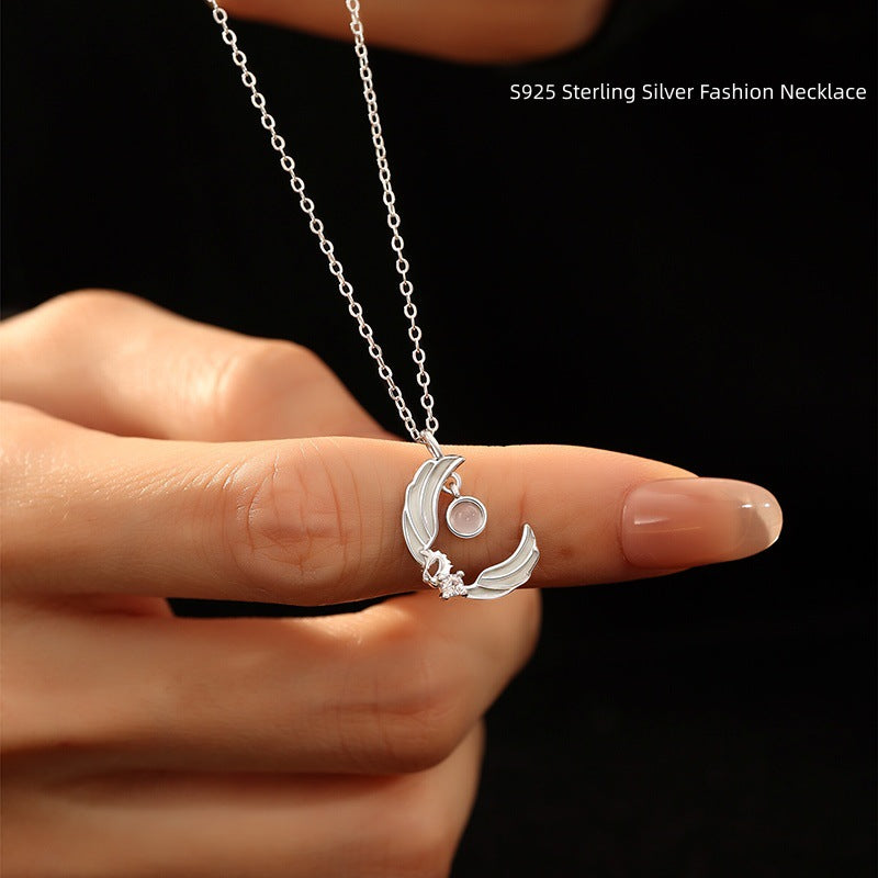 Collana in argento sterling 925 – ala d'angelo e unicorno e agata bianca