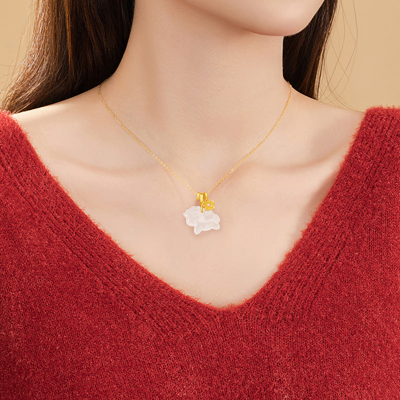 Immediately Rich Flower Sterling Silver 925 Necklace Female National Tide White Agate Birth Year Clavicle Chain Zodiac Horse Flower Pendant