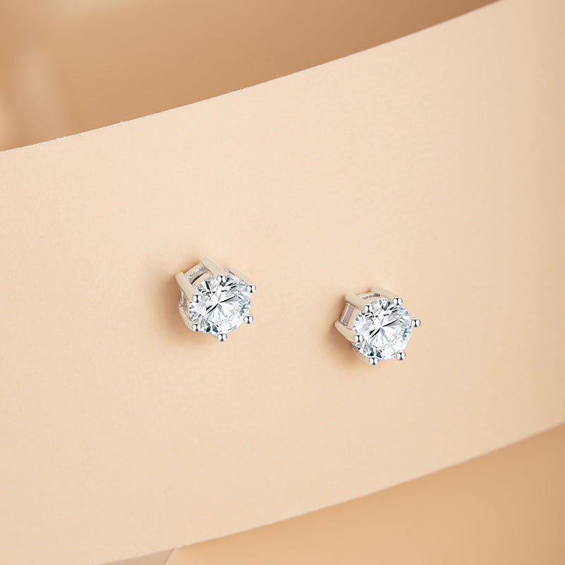 Six-Claw Sterling Silver 925 Stud Earrings Female Niche Design Light Luxury Zircon Earrings Ins Style Girlfriends Same round Earrings