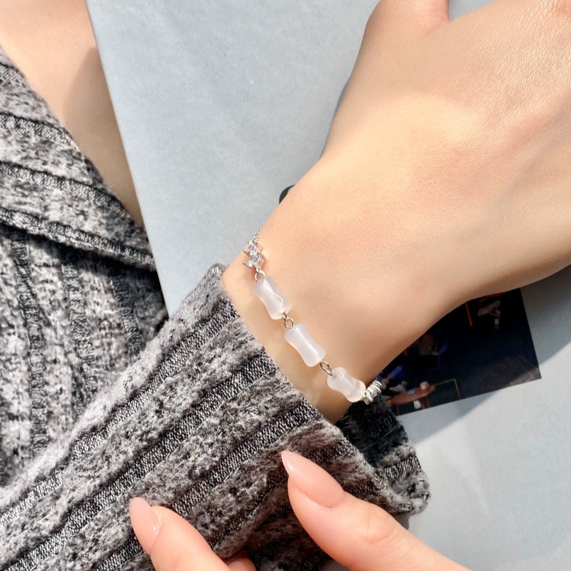 S925 Sterling Silver Bamboo White Agate Bracelet Female New Chinese Style High-Rise Light Luxury Niche Birthday Gift for Girlfriend Female