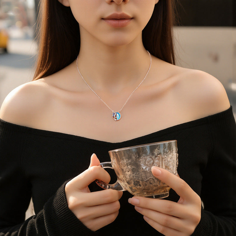 New Necklace S925 Sterling Silver Dreamy Whale Moonstone Enamel Craft Luminous Fishtail Lover Ring Gift Accessories