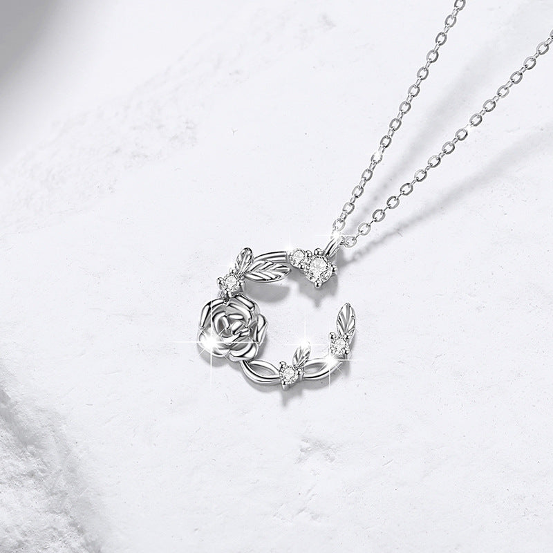Rose Sterling Silver 925 Necklace for Women, Niche Design, Light Luxury Clavicle Chain, INS Style Garland Zircon Pendant