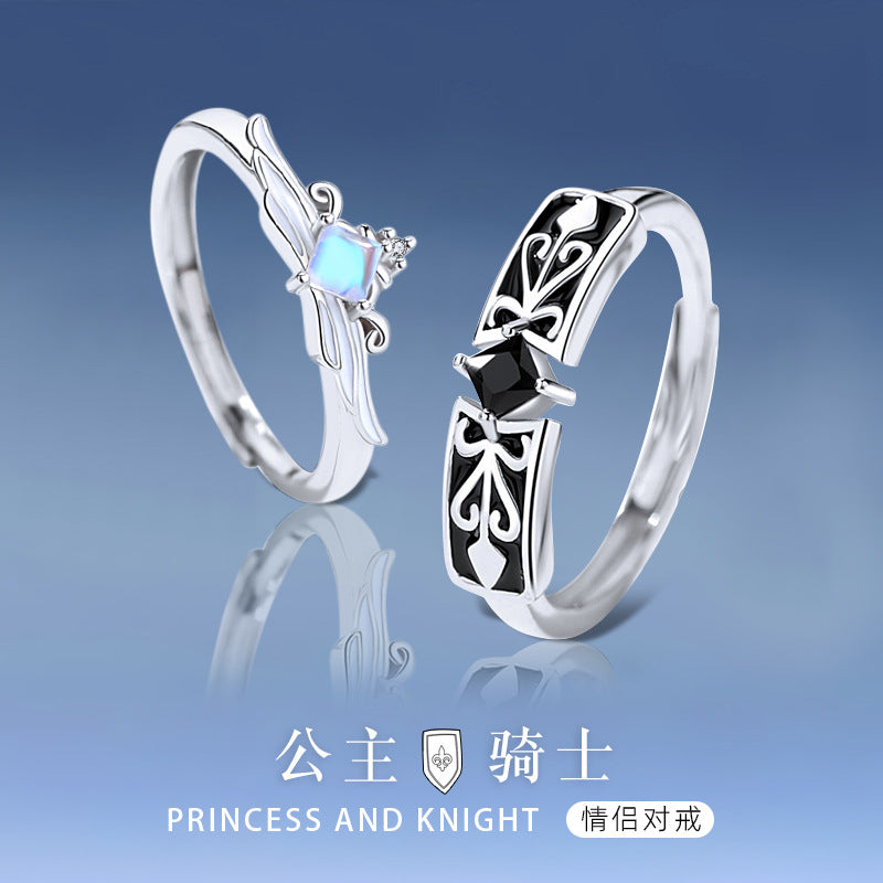 Original Design Couple Ring a Pair of Moonstone 925 Sterling Silver Men's and Women's Ring Niche Design Sense Light Luxury Sense