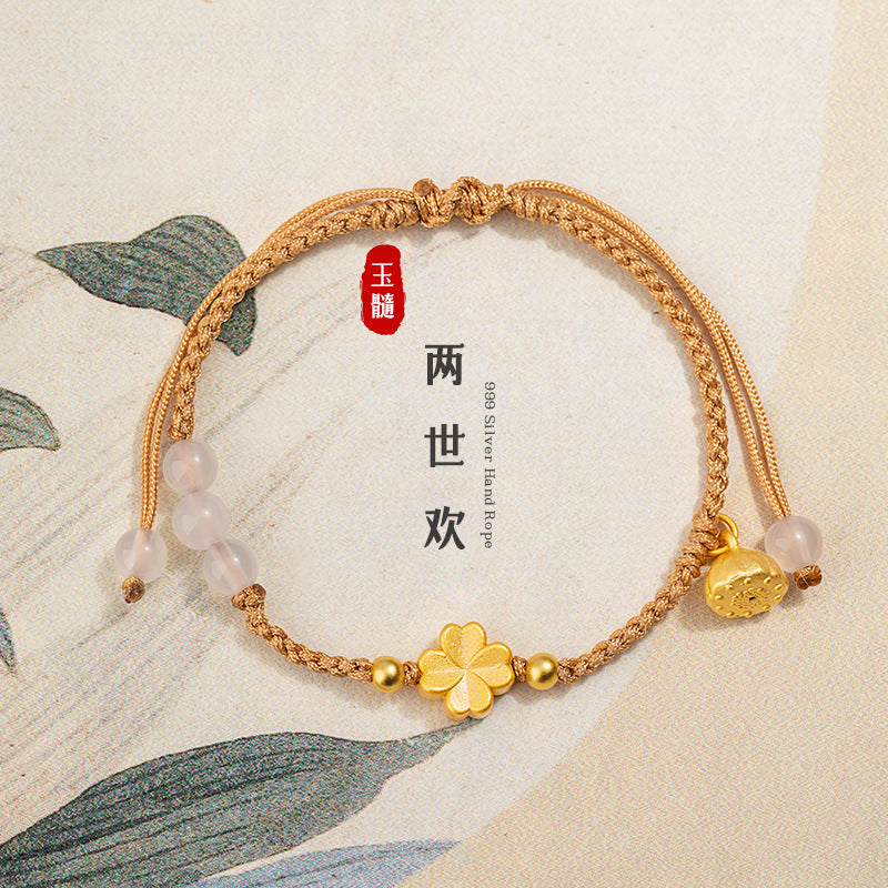 Lucky Clover Pure Silver 999 Chalcedony Women's Bracelet New Chinese National Fashion Lotus Bracelet Ins Style Flower Bracelet
