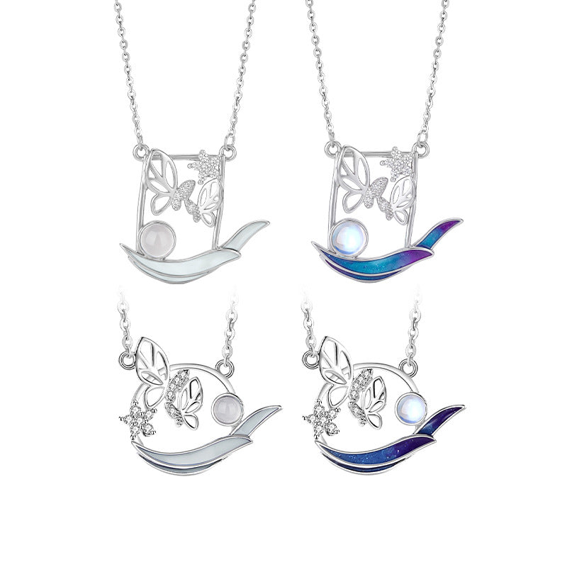 S925 Sterling Silver Necklace Female Butterfly Luminous Enamel Craft Moonstone White Agate Light Luxury Niche Girlfriends Clavicle Chain
