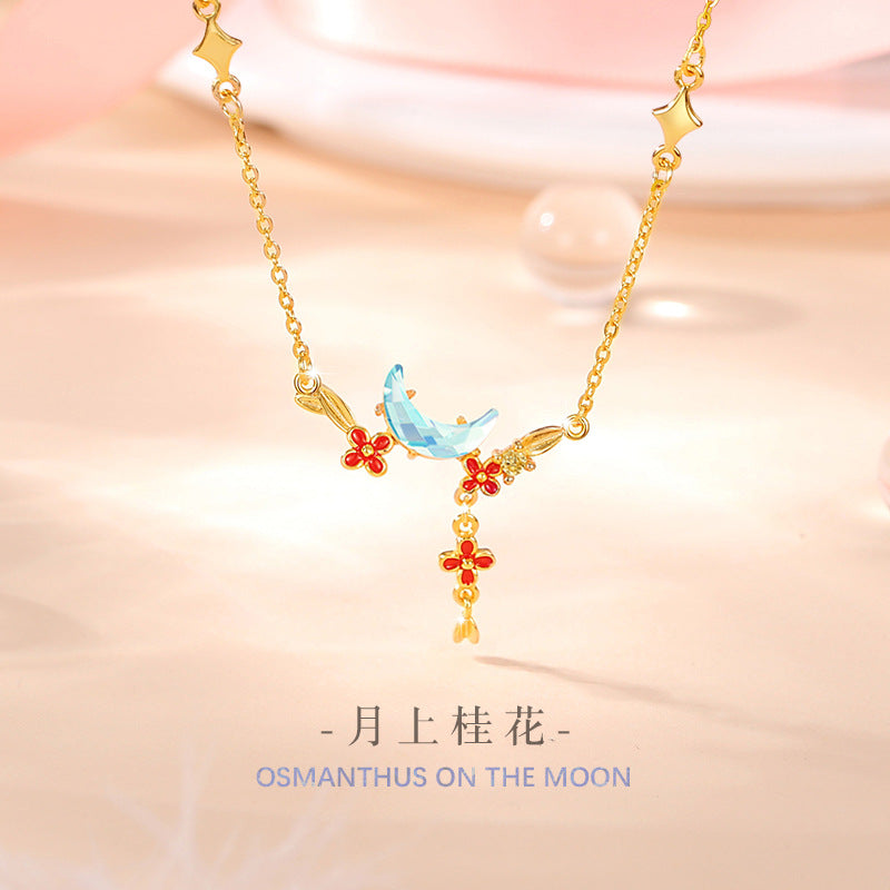 Moon Sterling Silver 925 Necklace Female Niche Design Light Luxury Glass Stone Clavicle Chain Ins Style Flower Tassel Pendant