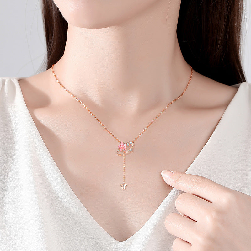 Cherry Blossom Sterling Silver 925 Necklace Female Niche Design Light Luxury Pink Diamond Clavicle Chain 520 Valentine's Day Tassel Pendant
